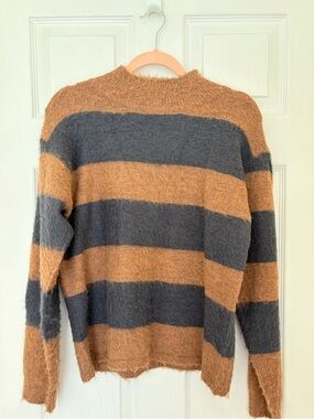 Mystree Women’s Striped Crewneck Sweater in brown and navy